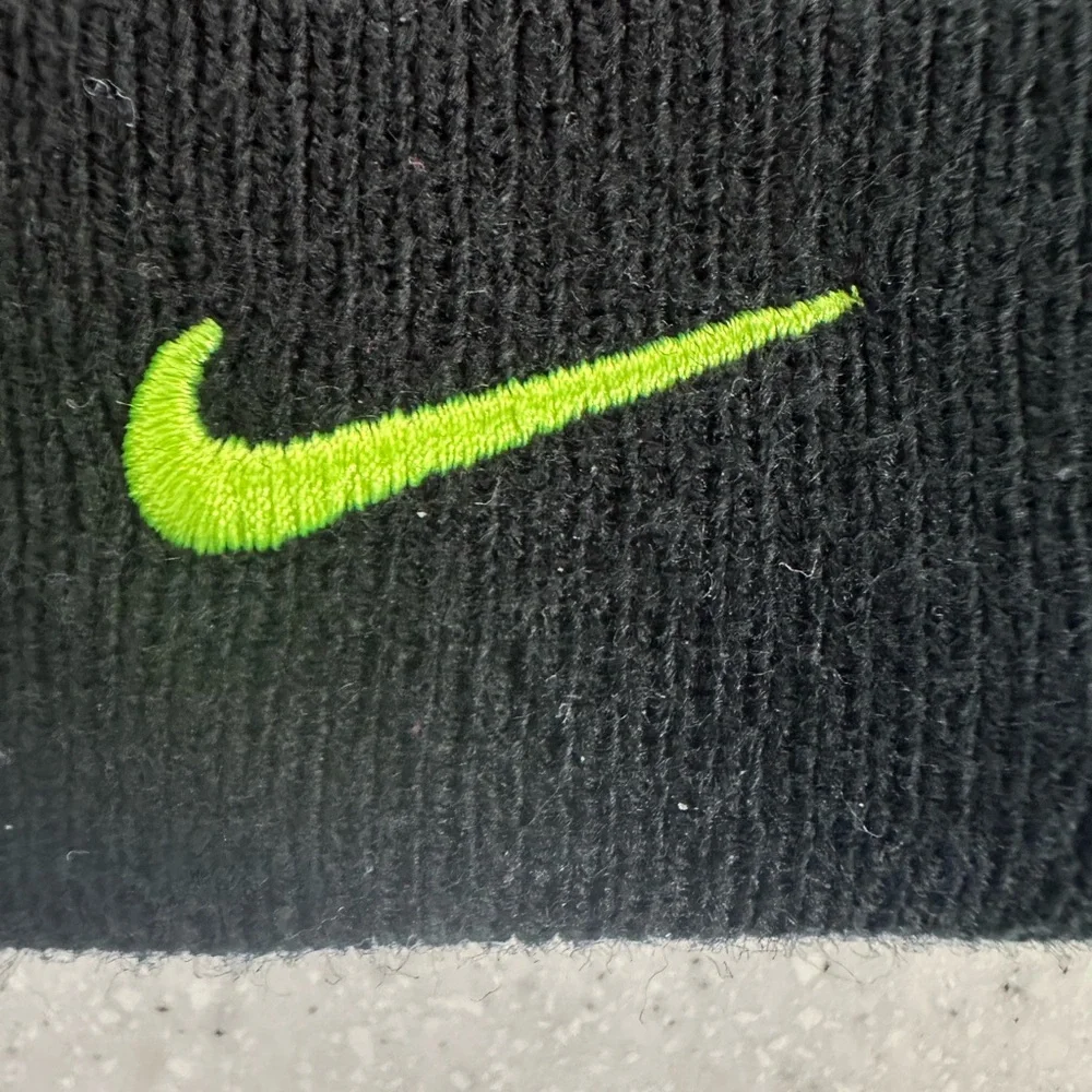 Nike Black Knit Beanie Hat with Bright Neon Yellow Logo. Youth Size.